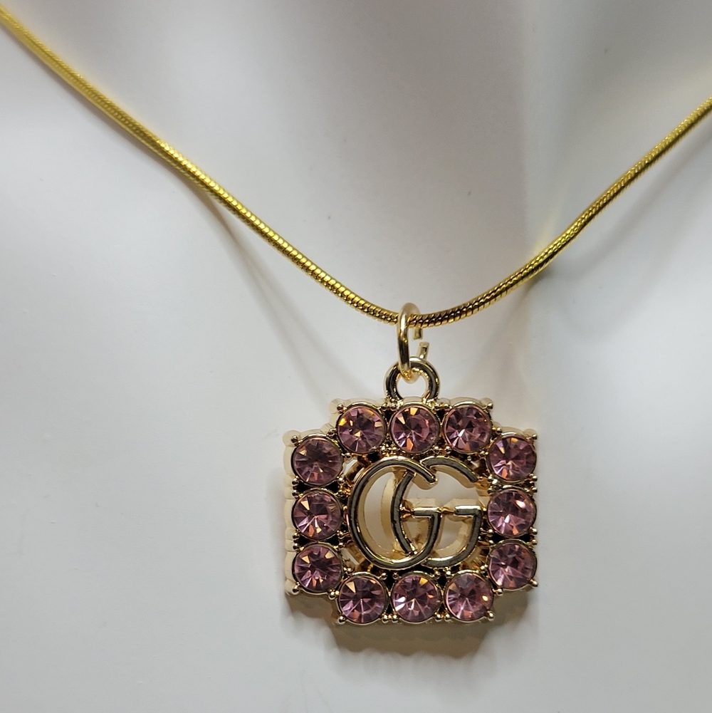 Gucci Pink Crystal Zip Pull, 18" Gold Plated Chain
